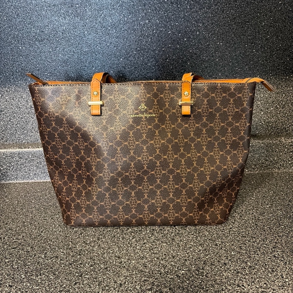 Nanette Lepore Dark Brown Logo Tote with Tan Trim